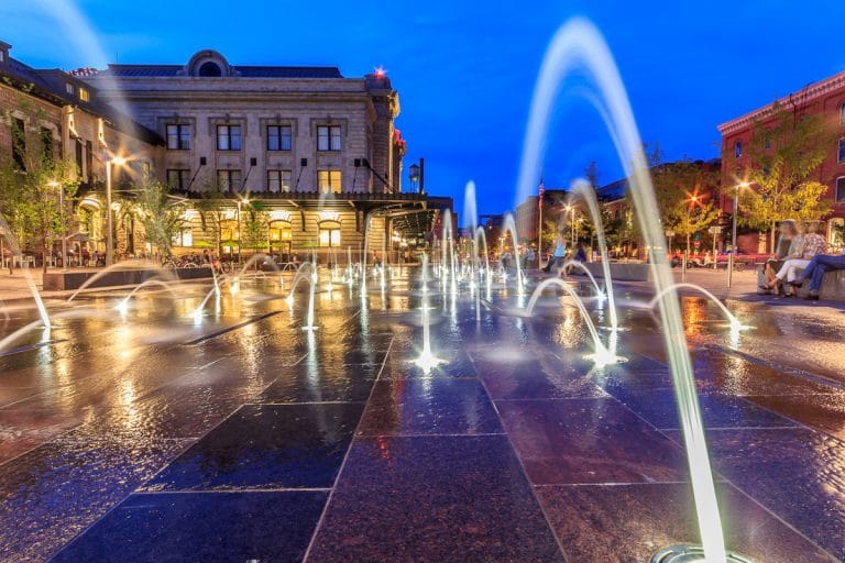 Denver Union Station Water Feature with lights and pop jets.