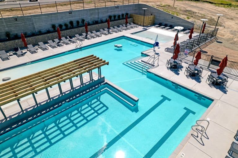 Macanta Amenity Center swimming pool drone view.